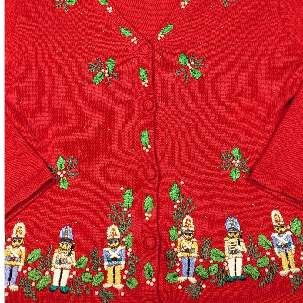 B.P. Design Red Nutcracker Christmas Cardigan Sweater Womens Medium Holly Beaded